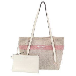 Prada Logo Stripe Shopper Tote Bag neutral beige canvas leather Pink